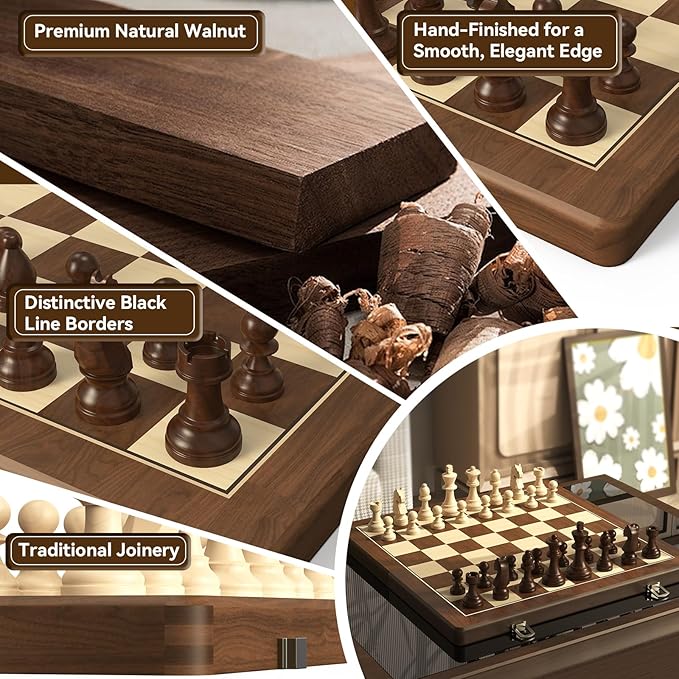 Premium Natural Walnut 15" Magnetic Wooden Folding Chess & Checkers Set- 2 in 1 Board Game with 3" King Staunton Pieces and 2 Extra Queens, Checkers, and Dust-Proof Storage Bag (Red)