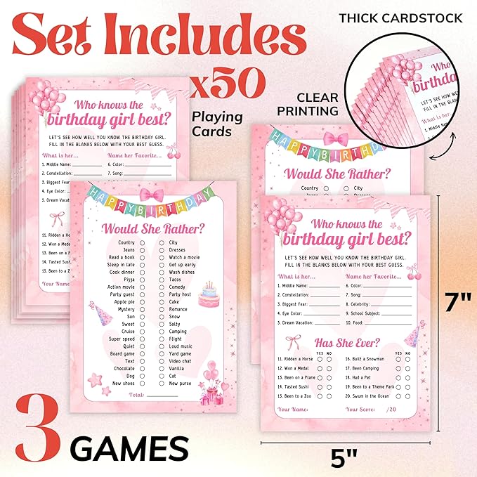 Who Knows The Birthday Girl Best Game - 50 Pcs Teen Girl Birthday Party Games, Would She Rather Preppy Sleepover Party Supplies For Girls, Fun Birthday Activities For Teens Party Decorations