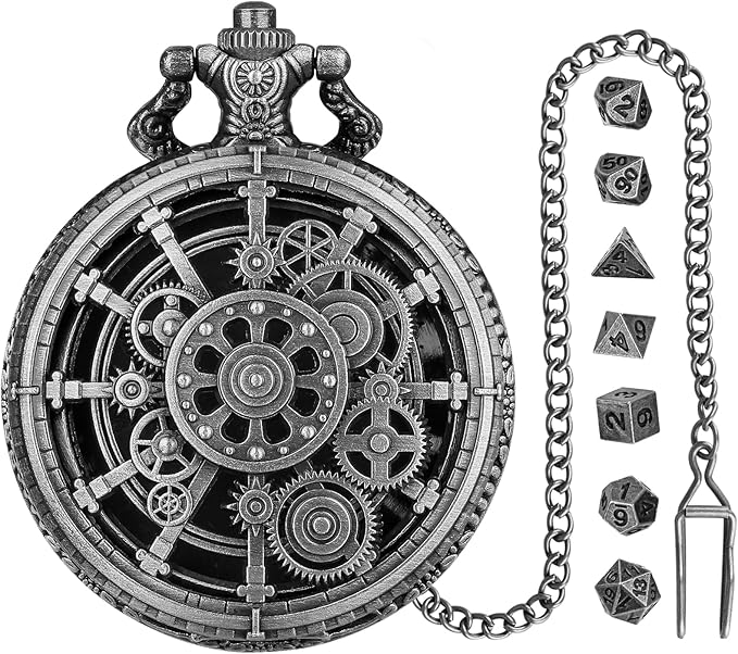 Mini DND Dice Set with Steampunk Dark Silver Hollow Gear Pocket Watch Shell Case, 7pcs Polyhedral Metal D&D Dice, DND Gifts with Gift Box for DND Lovers, Role Playing Board Games Accessories