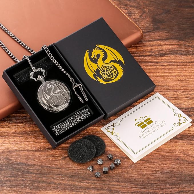 Mini DND Dice Set with Dragon Engraved Pocket Watch Shell Case, 7pcs Polyhedral Metal D&D Dice Set, DND Gifts with Gift Box, Role Playing Board Games Accessories, Dark Silver