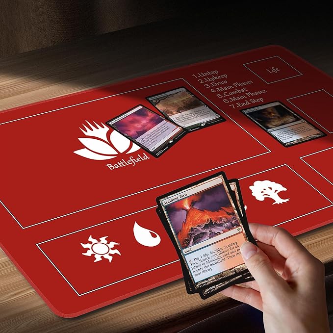 MTG Playmat Stitched with Magic Zone Non-Slip Rubber Backing Printing Commander Board Game Desk Mat Duel Mat TCG PTCG Playmat 24x14 inches and Free Storage Bags (Red)