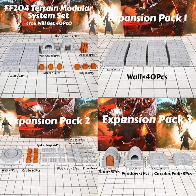 Dungeon Walls 40pcs 28mm Miniature RPG Terrain Modular System DND Building Accessories for Tabletop Role Playing Scenes, Gift of Christmas Halloween for DM (Expansion Pack 3)
