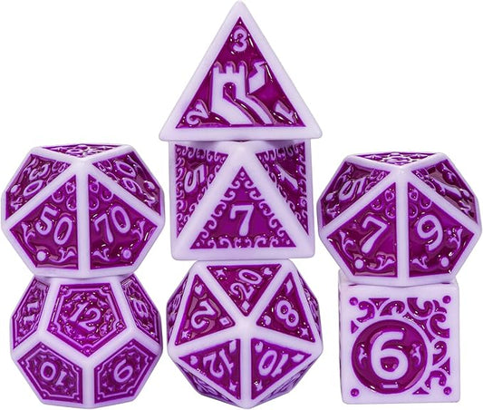 7-Die DND Dice Set New Pattern Polyhedral Dice Set with Leather Bag D&D Dice Set for Dungeons and Dragons RPG MTG Table Games(White Purple)
