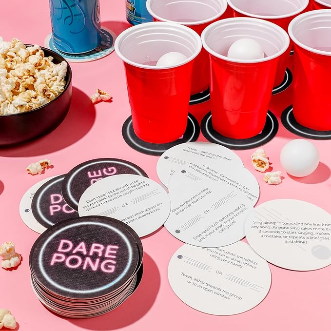 Dare Pong - Drinking Game for Adults, Bachelorette Party Games, Adult Party Games - Full Beer Pong Set and 50 Coasters with Dares - Perfect for White Elephant Gifts for Adults, Couples Games