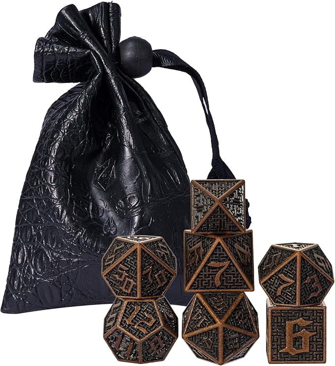 UDIXI Metal DND Dice Maze Carved D&D Dice Set 7PCS Copper Metal Dice with Leather Pouch for Dungeons and Dragons Role Playing Games