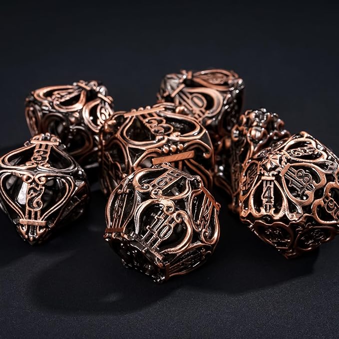 Cusdie 7-Die Metal Dice Set - Hollow Design with Bells - Crisp Sounding Gaming Dice in Tin Box - Perfect for Tabletop RPGs & Board Games(Ancient Copper)