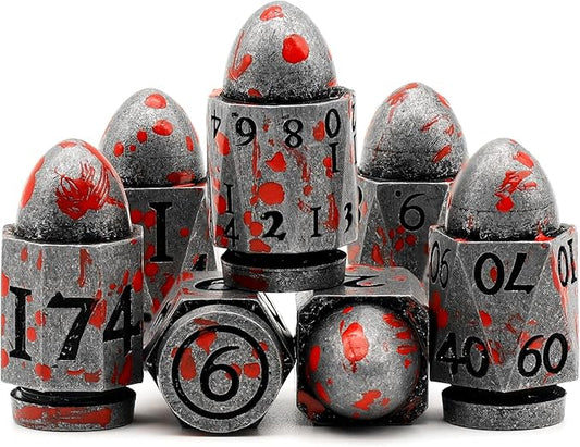 Bullet DND Dice for Dungeons and Dragons, Solid Metal Dice Set D&D with Box Polyhedral D and D Dice for Role Playing Tabletop D20 D12 D10 D8 D6 D4 (Bullet Sliver Blood Spot)
