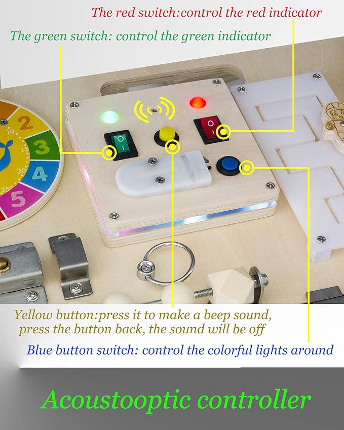 Busy Board for Toddlers 1-3 - Wooden Sensory Baby Activity Montessori Light Switch Toy - Kid's Educational Toys