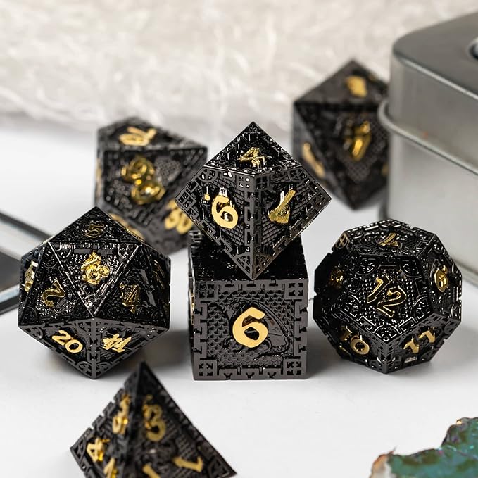 UDIXI 7PCS Metal DND Dice Set, Polyhedral Dice Set D&D Dragon d and d Dice for Role Playing Game Dungeons and Dragons and Other RPG Games (Black Golden)