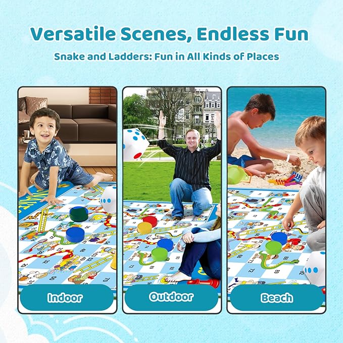Big Snakes and Ladders Board Game for Kids Adults - Indoor Outdoor Board Game Set with 70" Playing Mat, Inflatable Dice, Chess Pieces & Dice, Educational Toy Birthday Gift for Boys Girls Ages 3 and Up