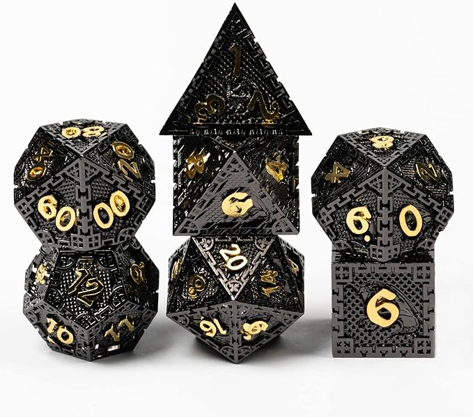 UDIXI 7PCS Metal DND Dice Set, Polyhedral Dice Set D&D Dragon d and d Dice for Role Playing Game Dungeons and Dragons and Other RPG Games (Black Golden)