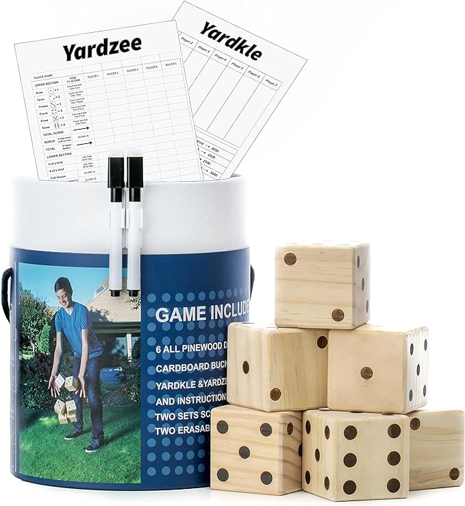 Large Wooden Yard Dice Set of 6 with Two Games and Cardboard Bucket