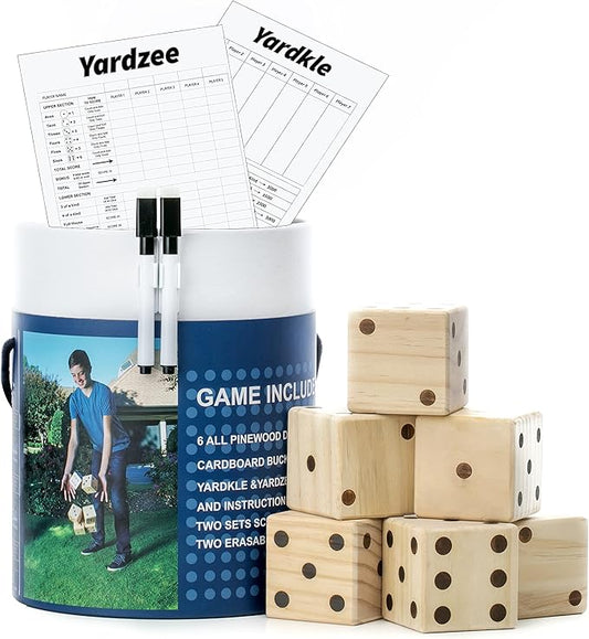 Large Wooden Yard Dice Set of 6 with Two Games and Cardboard Bucket