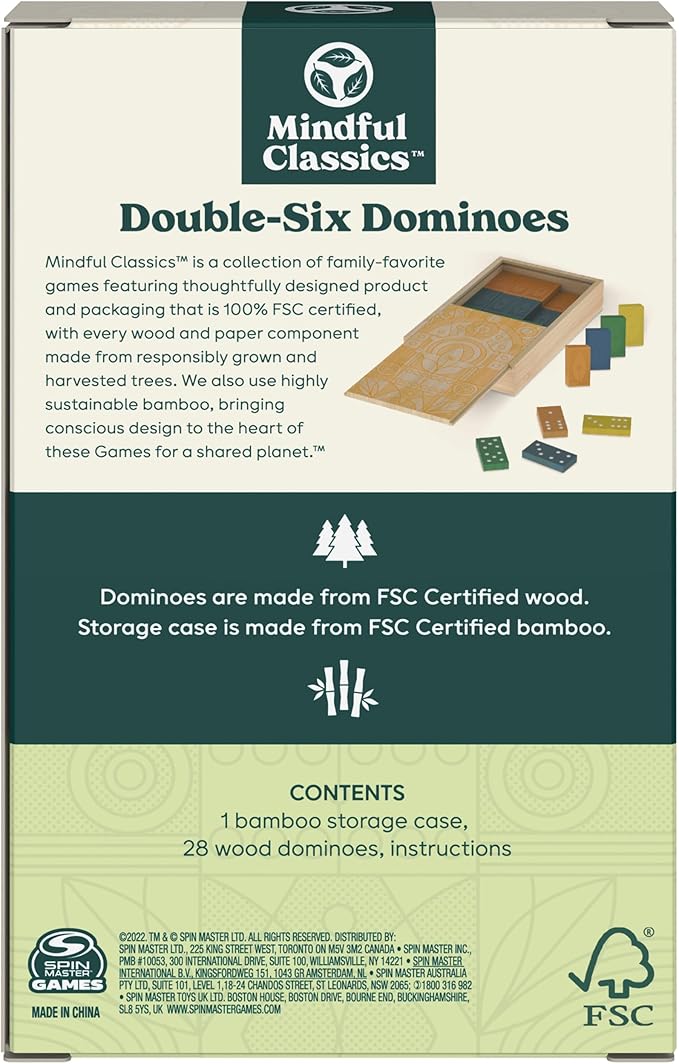 Mindful Classics, Double-Six Wood Dominoes Set Sustainable Classic Games with Wood Storage Case, for Adults and Kids Ages 8 and up