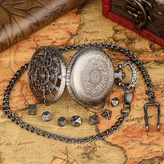 Mini DND Dice Set with Steampunk Hollow Gear Pocket Watch Shell Case, Tiny 7pcs Polyhedral Metal D&D Dice,DND Gifts with Leather Bag, Christmas Gifts, Role Playing Board Games Accessories, Silver