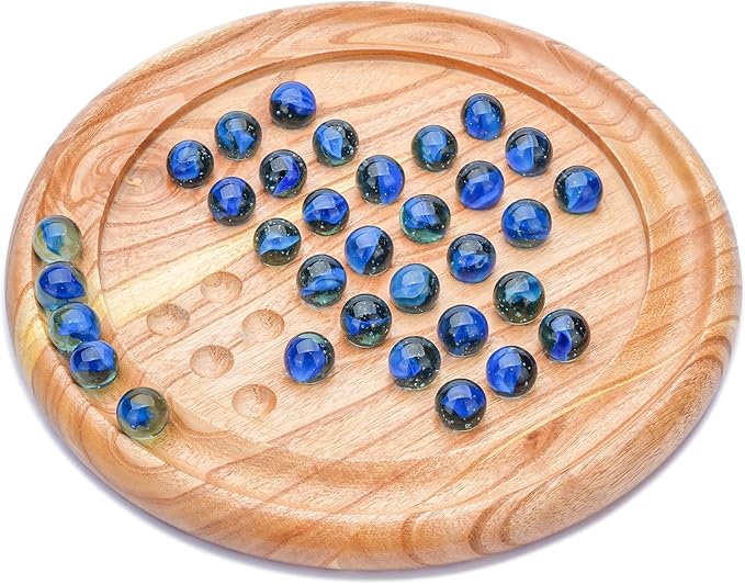 Ajuny Handcrafted Wooden Solitaire Board Game, Classic Round Design with 33 Marbles, 9x9 Inch – Strategic Mind Game for All Ages