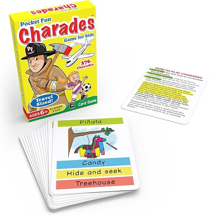 Arizona GameCo Pocket Fun Charades, a Family Party Game for Kids Ages 6 and Up – No Reading Required to Play – Perfect for Board Game Night, Vacation, Travel, Easter Gift or Basket Stuffer