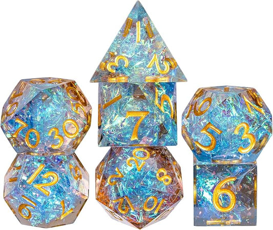 7PCS DND Dice Set,Transparent Sharp Edge Dice Set D&D RPG Polyhedral Die,for Dungeons and Dragons TTRPG Games Roleplaying Games Pathfinder,with Gift Box(Blue and Orange)