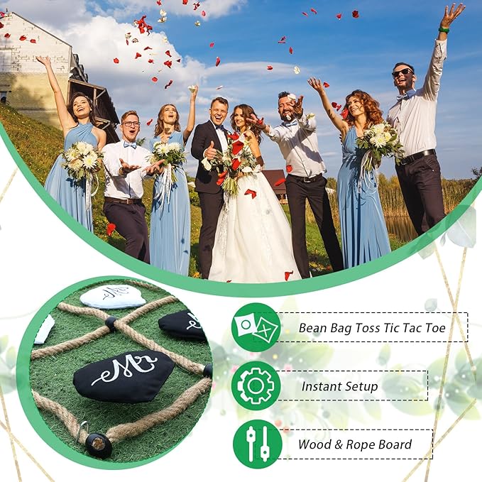 3 x 3 ft Wedding Tic Tac Toe Game for Reception Instant Setup No Assembly Tic Tac Toe Outdoor Game Bean Bag Toss with Rope Yard Backyard Lawn Games for Wedding