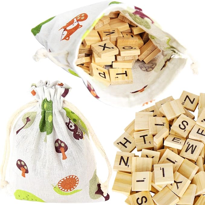 PINOWU 200pcs Wooden Letter Tiles for Scrabble Crossword Game Wood Scrabble Letters Replacement for DIY Craft Gift Decoration Scrapbooking and Making Alphabet Coaster