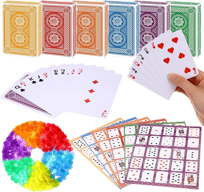 Zubebe 642 Pack Poker Keno Game Set, 36 Two-Sided Boards, 600 Transparent Scoring Chips, 6 Deck of Multicolor Playing Cards, Poker Bingo Set Keno Board Game for Gathering Activity Family Casino Night