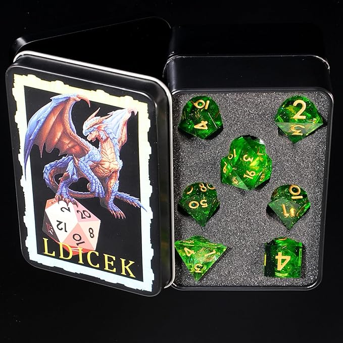 DND Dice Set Sharp Edged Dice Set of 7 DND Faceted Dice Golden Numbers and Beautiful Iron Box Perfect for Dungeons & Dragons RPG and Board Game(Green Gold)