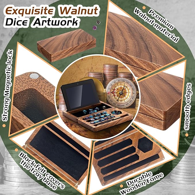 Walnut Dice Box 4.8 x 9 Inch Handmade Dice Tray for Rolling with Storage Phone Tablet Stand Magnetic Lock Secures Lid Portable Tray for Tabletop Rpg Board Games Gift(Walnut,Flip)