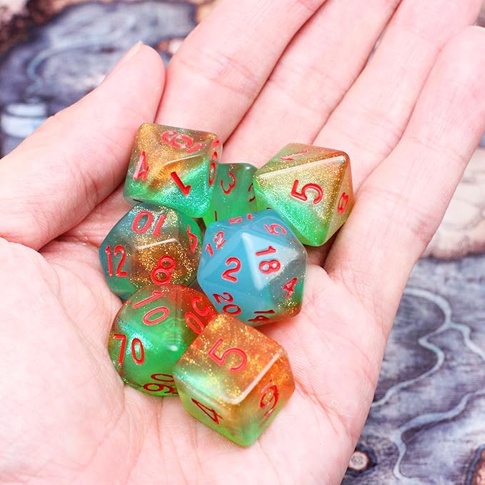 DND Dice Set with Dragon Totem Metal Gife Case, Dungeons and Dragons Dice Set,Polyhedral Dice Set Filled with Shiny Glitters,Role Playing Games and Tabletop Games (Green&Sky Luminous)