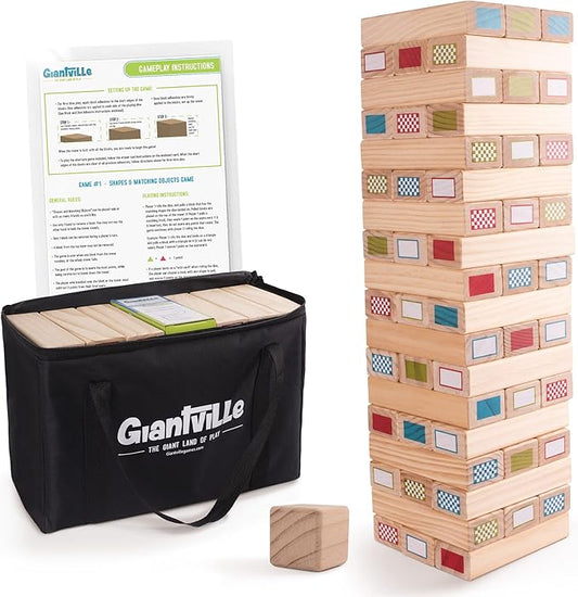 Giantville Giant Tumbling Timber Toy - Premium Pine Wood Life-Size Blocks Tower - Big Floor/Board Indoor/Outdoor Yard Game for Kids & Adults - 54-Blocks + Storage/Carry Bag - Grows Almost 4-Feet