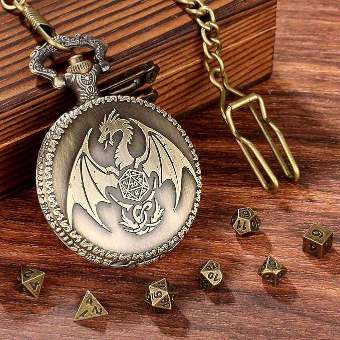 Mini DND Dice Set with Steampunk Dragon Pocket Watch Shell Case, Tiny 7pcs Polyhedral Metal D&D Dice, DND Gifts with Gift Box Greeting Card, Role Playing Board Games Accessories