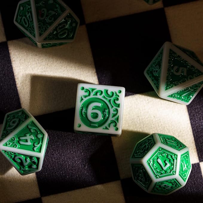 7-Die DND Dice Set New Pattern Polyhedral Dice Set with Leather Bag D&D Dice Set for Dungeons and Dragons RPG MTG Table Games(Gray Green)