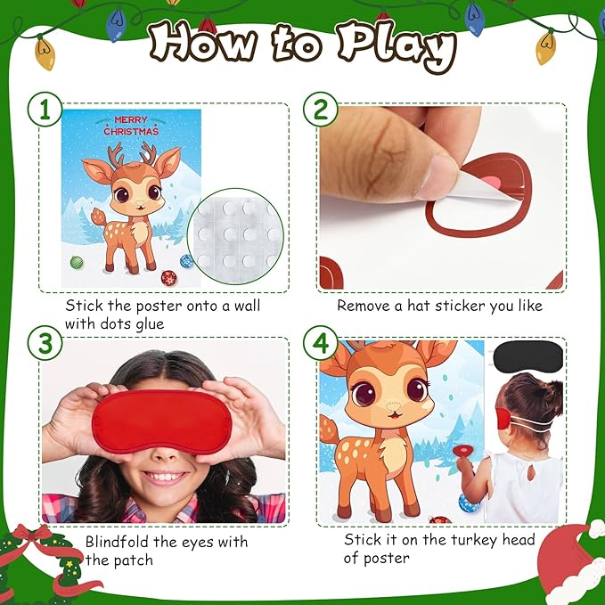 Christmas Games for Families, Pin the Nose on the Reindeer, Christmas Stickers Games for Families Adult Kids Party Favors Supplies and Xmas Gifts New Year Activities Decor with 12pcs Nose Stickers