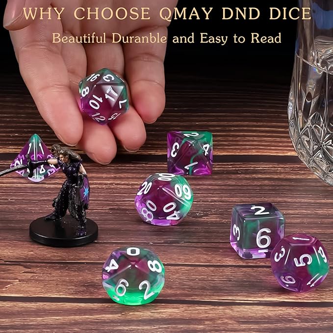QMAY DND Dice Set -D&D Polyhedral Dice (7 Pcs) for Dungeons and Dragons (Purple Green Transparent)