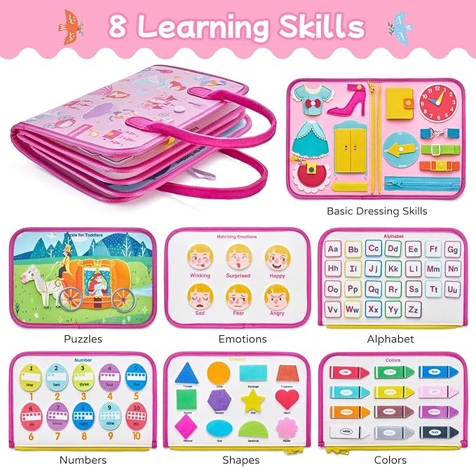 Freebear Busy Board, Travel Toys, Quiet Book, Sensory Toys for Toddlers 2 3 4, Montessori Toys/ Activities Board, Educational Toys for 2 Year Old Girls Boys Gift，Princess