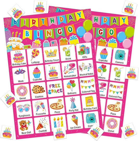 Birthday Bingo Game Cards for Kids Girls Adults - 24 Players Birthday Party Bingo Games for School Classroom Family Kids Birthday Party Activities Supplies
