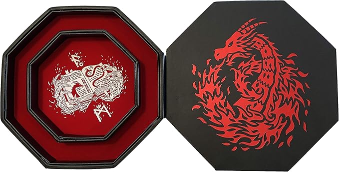 Red Fire Dragon Dice Tray with Wizard Book Print – 9" Octagon with Dice Staging Area, Holds 5 Dice Sets – Perfect for D&D, Call of Cthulhu, Shadowrun, and All Tabletop RPGs
