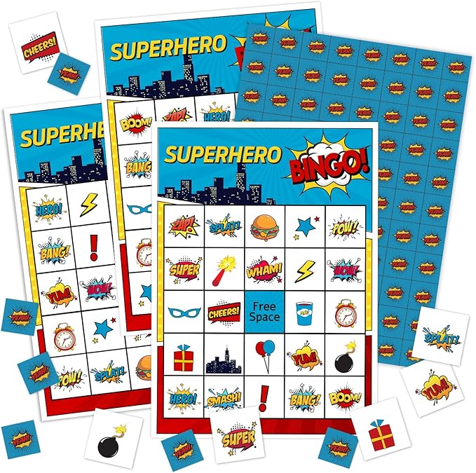 Superhero Bingo Card Set - 24 Players, Activities for Family Party, 5x7 inches Bingo Game Kit, Friends Bingo Game New Year Activities Supplies, Festival Gift for Adult Teen -05