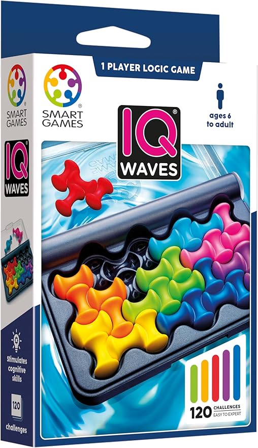 SmartGames IQ Waves | Boost Logic and Problem Solving Skills | 120 Challenges from Easy to Expert | Great for Ages 6 - Adult | A Fun Travel Game in a Portable Case | Unique Soft Touch Game Pieces