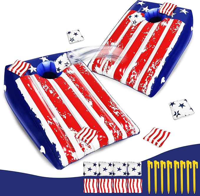 Pool Cornhole, 2 Pack Cornhole Boards 8 Bean 8 Stake, Pool Games for Adults Teen Family, Inflat American Flag Pools Toy Bean Bag Toss Game Pools & Beach & Ground Multi Occasions Summer Patriotic Party