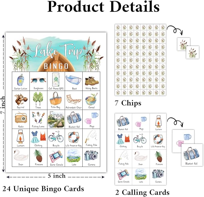 Lake Trip Bingo Games - 24 Player Cards, Family & Friends Camping Party Activities, Vacation Gifts for Adults & Teens