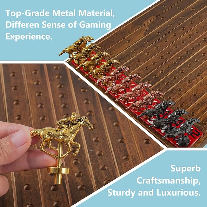 Horse Racing Board Game Comes with 11 Luxurious Metal Horses,2 Dice and 2 Boxes of Cards Solid Wood Horse Racing Board Color Box Packaging Finish Line Game Horse Racing Set (Burnt Color-Medium Size)