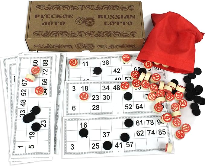 Russian Loto Family Board Games - Russian Bingo Game for Adults - Tombola Game - Russian Lotto Game with Wooden Barrels and Bingo Cards - Table Games