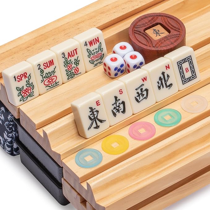 Yellow Mountain Imports American Mahjong Game Set, Blue Calico with Floral Blue Soft Case - All-in-One Racks with Pushers, Wright Patterson Scoring Coins, Dice, and Wind Indicator