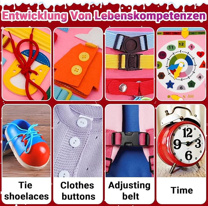 Montessori Busy Board, Baby Busy Book Educational Learning Toys for Toddlers Quiet Book Activity Books Buckle Toy Fine Motor Skills Toys for 1 2 3 4 5 Year Old Kids (Pink)