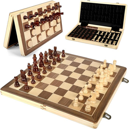 LEAP Magnetic Wooden Chess Sets 15 inch Foldable Chess Board 3 inch King Height Chess Pieces Travel Chess Sets, Chess Board Set with 2 Extra Pieces and Storage Slots for Beginer, Adults