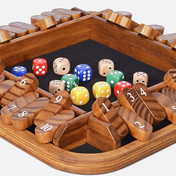 1-4 Players Shut The Box Dice Game,12" Wooden Board Table Math Games with 12 Dice and Storage Bag for Kids Adults Classic Tabletop Version for Classroom,Home,Party or Pub