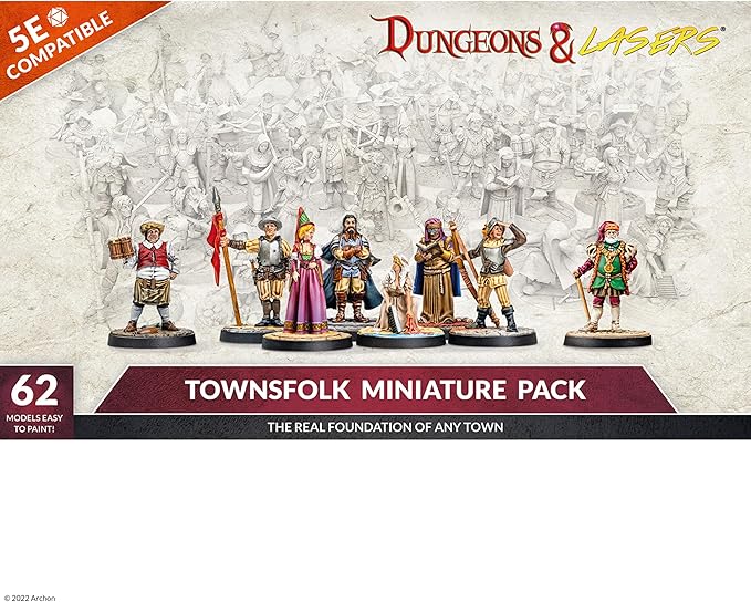 Dungeons & Lasers Townsfolk DND Miniatures Set - 62 NPC Figures with Scenic Bases for D&D and 5E Compatible RPG Games - 28MM, Unpainted, Unassembled - for 14 Years +