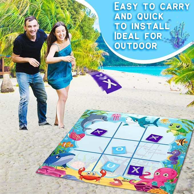 Capoda 20 Pcs Tic Tac Toe Game Set Bean Bag Toss Game Tic Tac Toe Cloth with Bean Bag Storage Pouches Ground Nails for Family Camping Indoor Outdoor Party Toss Games Supplies(Light,Sea Animal)
