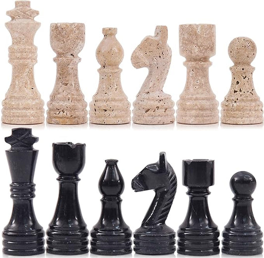 Marble Chess Pieces 3.5 Inch Travertine and Black Stone Figures for Classic Chess and Checkers Board Games Accessories, Ideal Travel Set & Strategy Play for Adults and Family