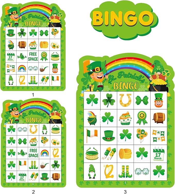 24 Players St Patrick's Day Bingo Game Cards for Kids Irish Green Shamrock Party Bingo Game St Patrick Classroom Family Activity Party Favors for Kids